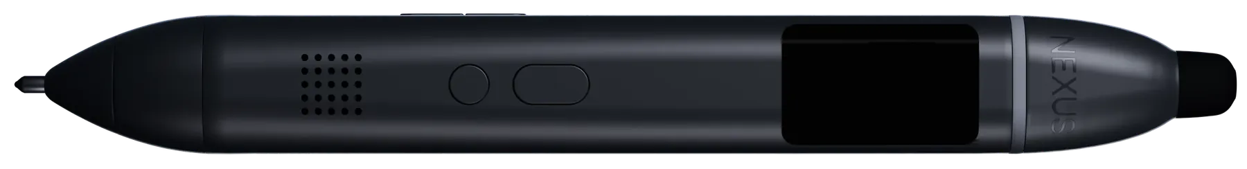 The Nexus Pen on its side: matte black body, gray ring, a small color screen, a pill button, a round button and a speaker grille.