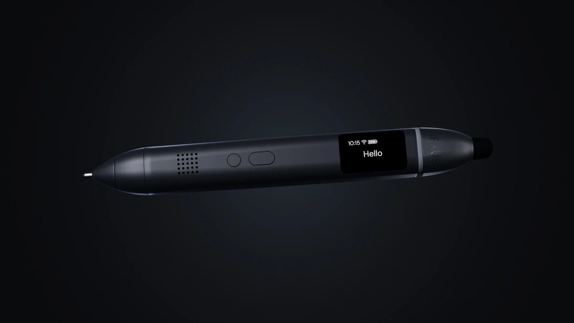 The Nexus Pen lying on its side, screen on, showing Hello.
